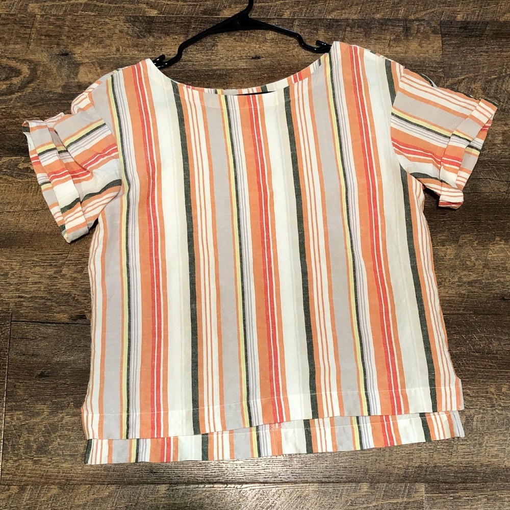 S Linen Blend Boxy Top Tee Stripe Layering Lagenlook Summer Lightweight Rayon